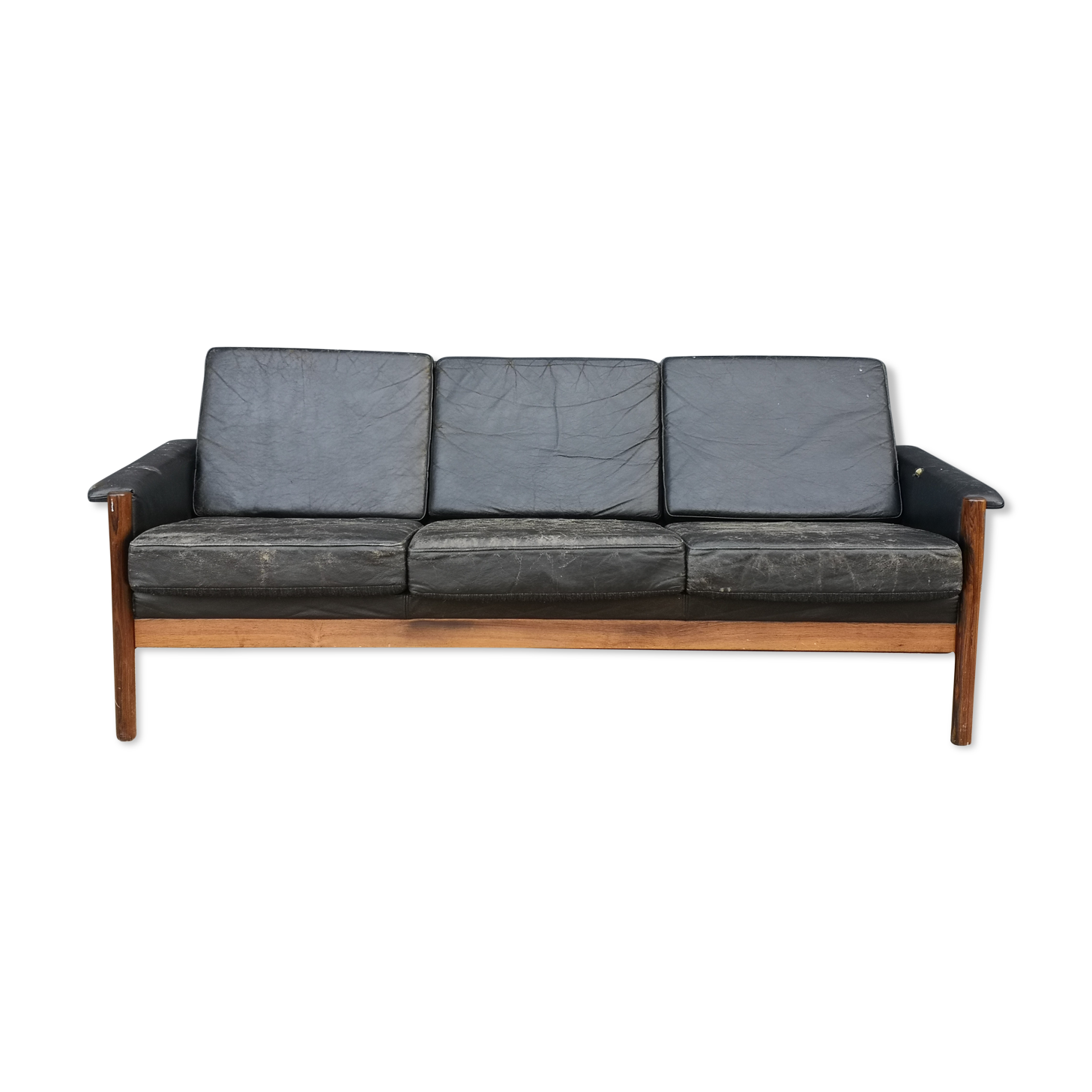 Canapé cuir 3 places scandinave en palissandre années 60