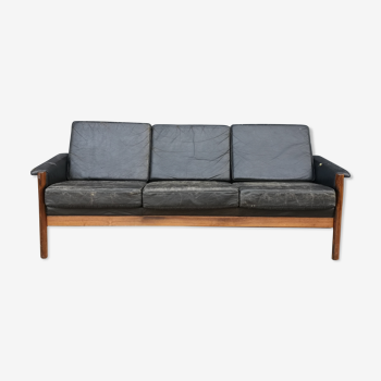 Scandinavian 3-seater leather sofa in rosewood, 60s