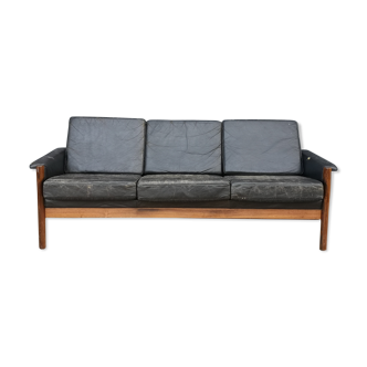 Canapé cuir 3 places scandinave en palissandre années 60