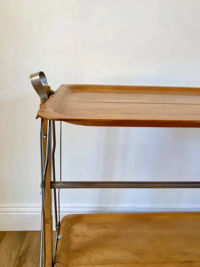 Metal trolley in beech wood and metal upright from the 60s
