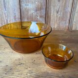 Salad bowl and raviers in tempered glass Vereco amber brown