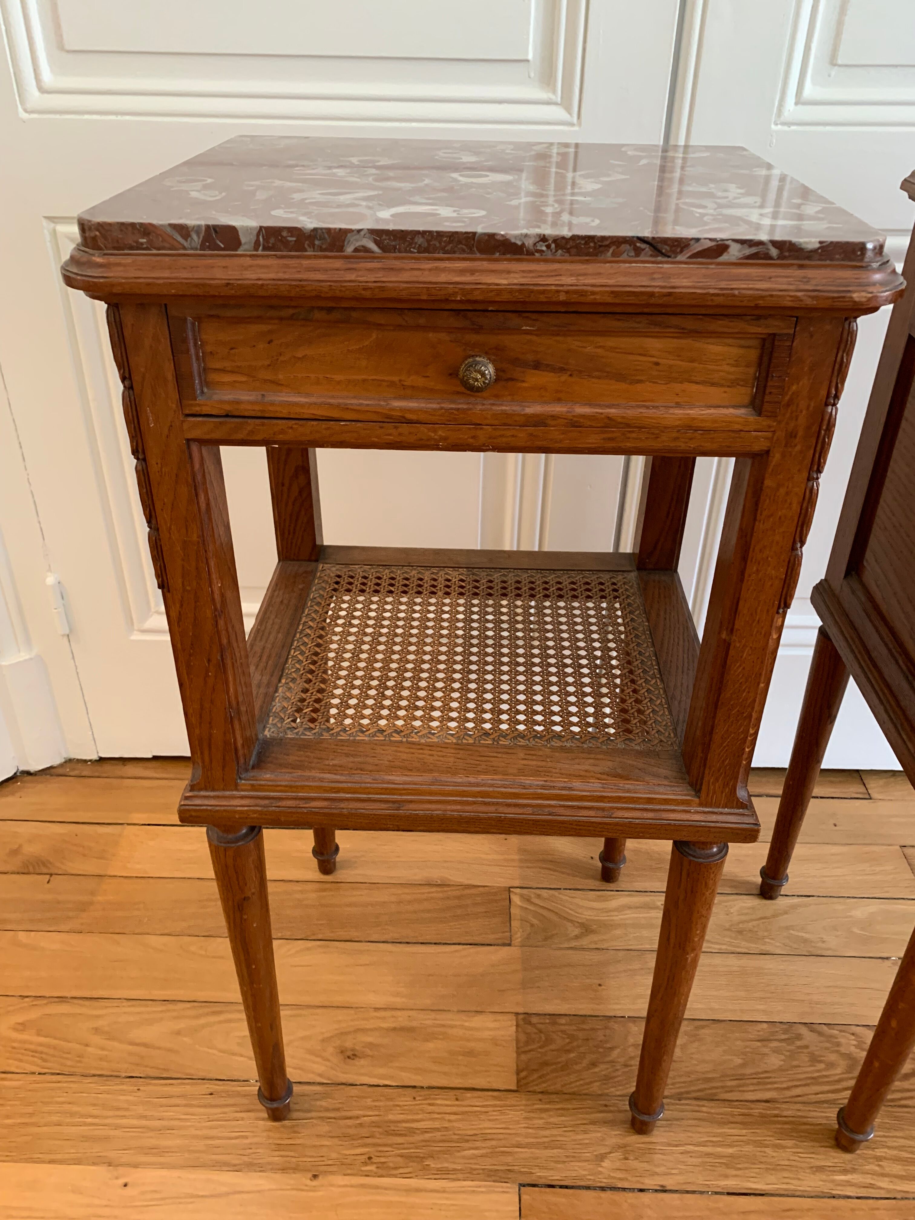 Pair of high marble and walnut bedside tables