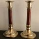 Pair of brass and mahogany wood candle holders