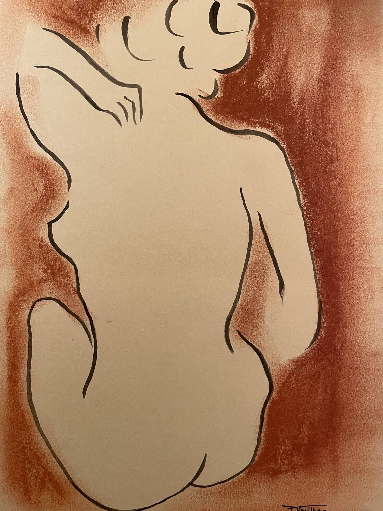 Signed painting in Chinese ink and art deco pastel, female portrait “the bath”