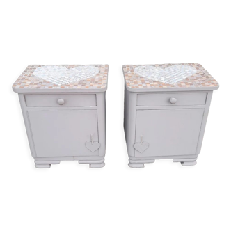 Repainted vintage bedside furniture - pearly mosaic heart decor