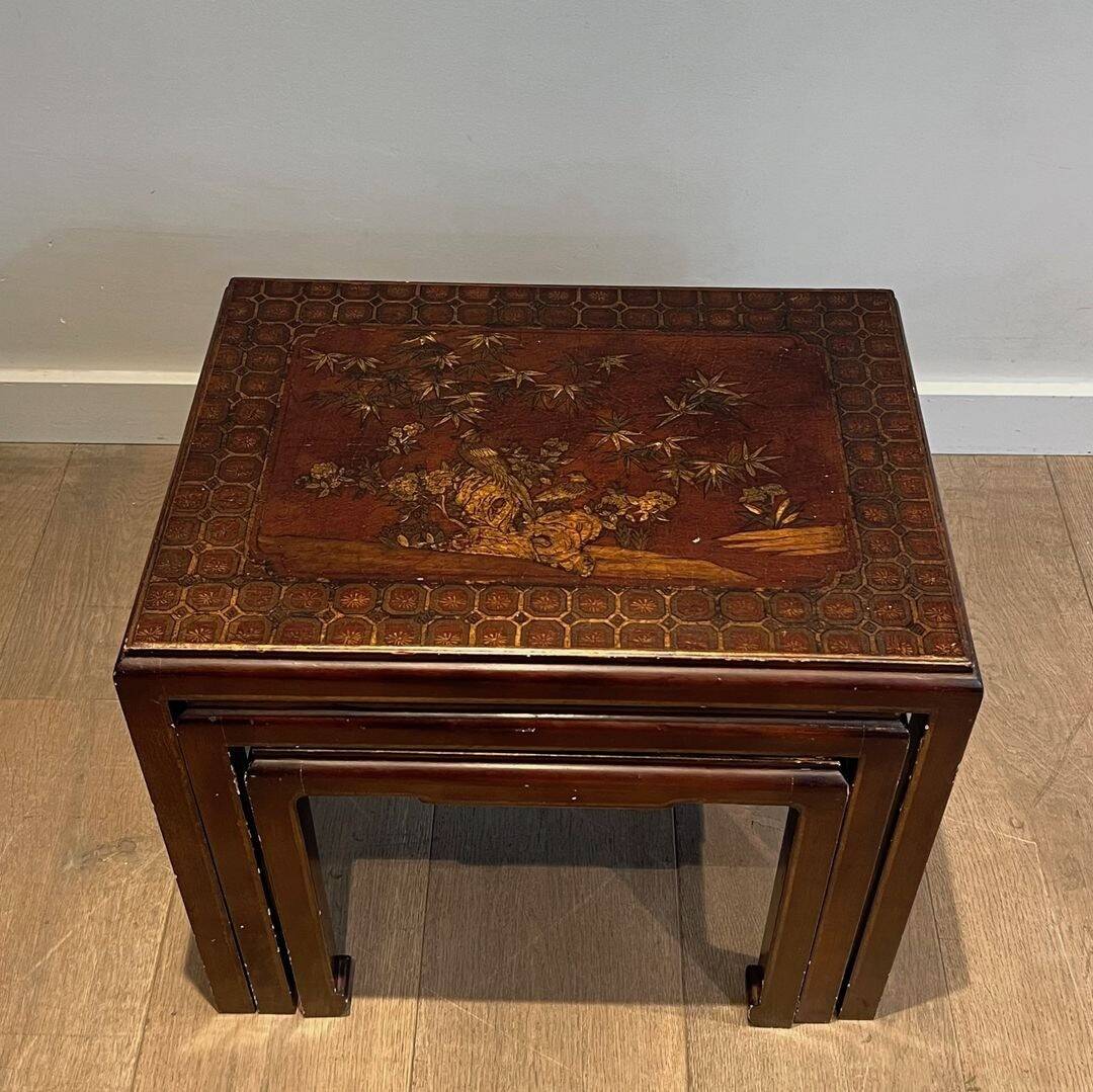 Set of Three Lacquered Nesting Tables with Chinese Decorations, France circa 19