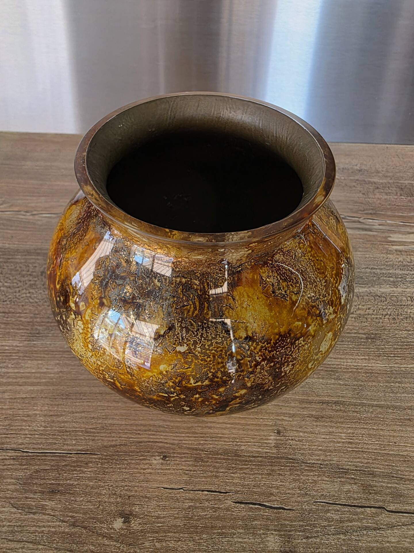 Vintage round vase Laque Line by Jean-Noël Bouillet Marbled golden tones