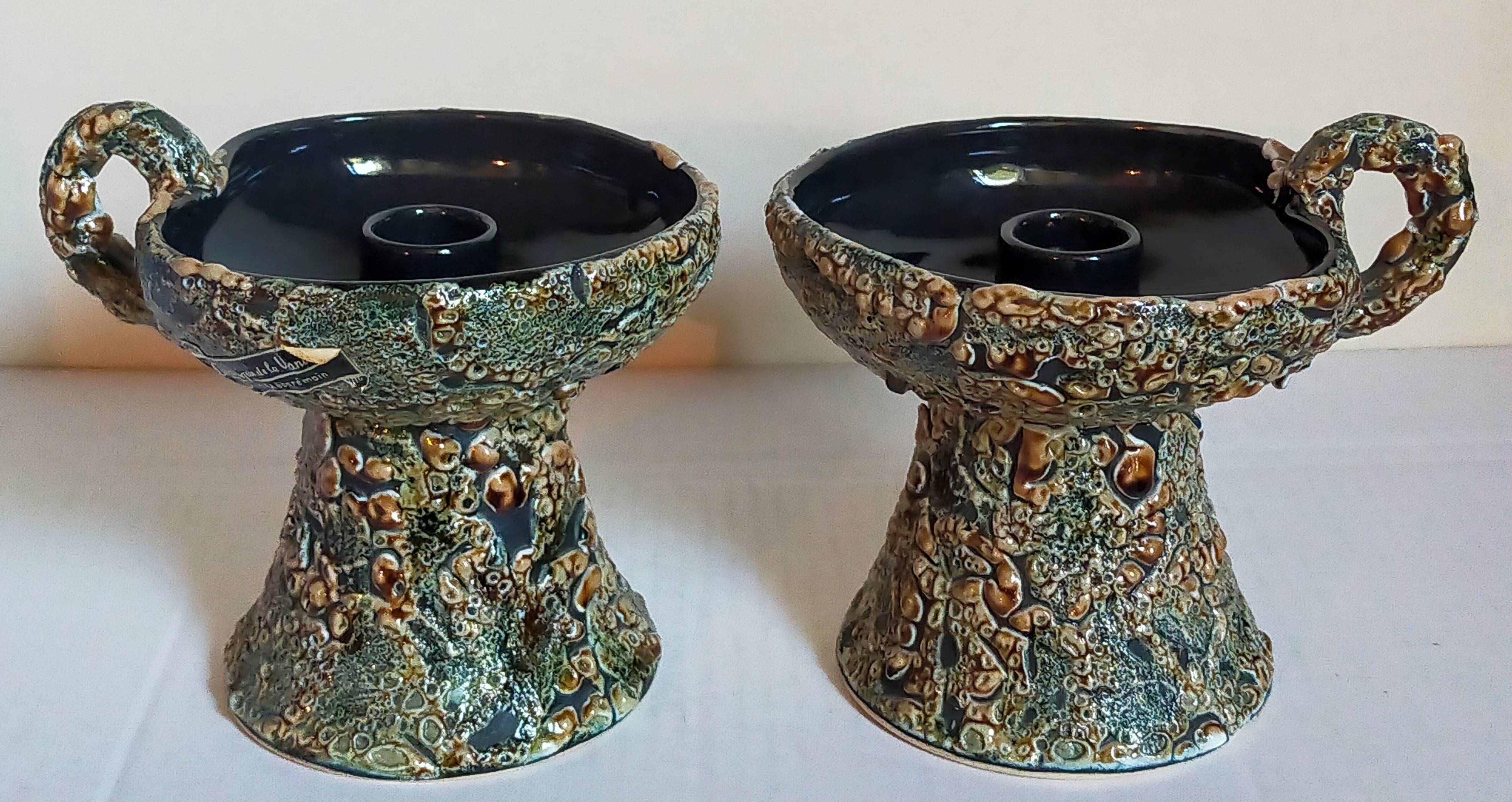 Pair of vintage Vanoise honey foam ceramic candlesticks
