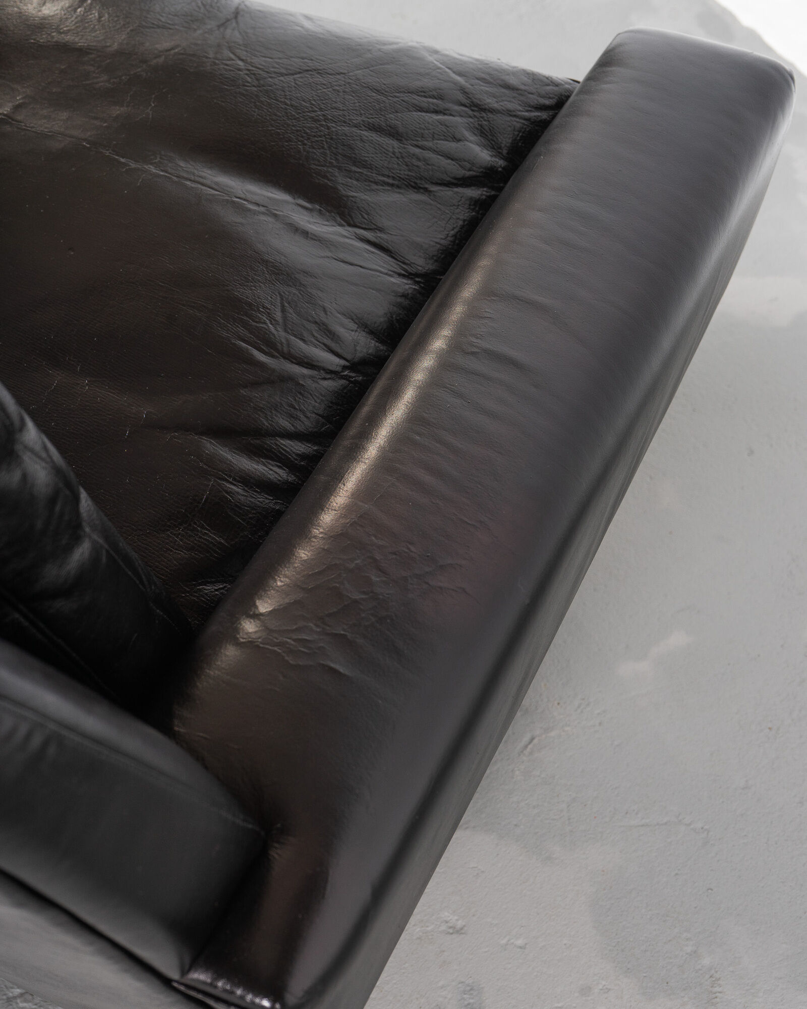 Mid Century Black Leather and Teak Scandinavian Armchair, Denmark, circa 1970