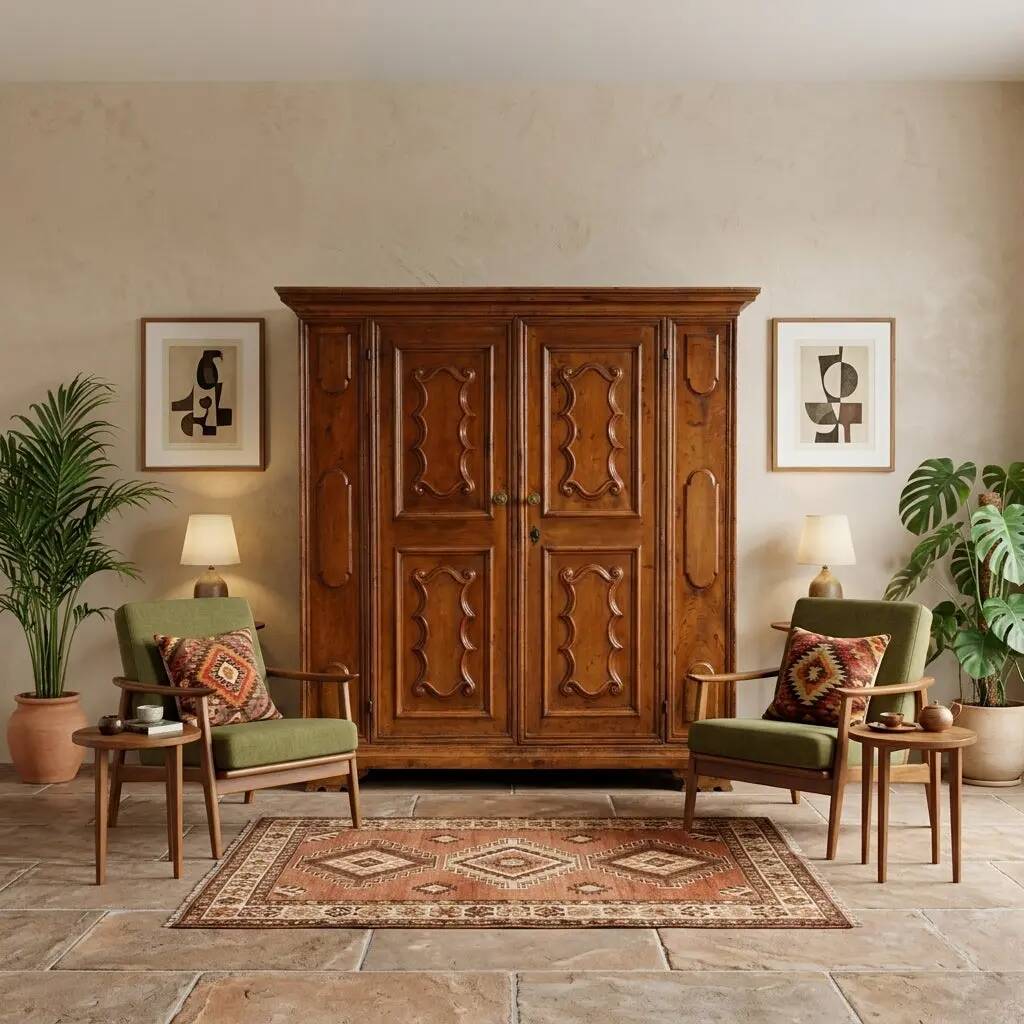 Antique baroque wardrobe in walnut and fabric, Piedmont, Italy, 18th century