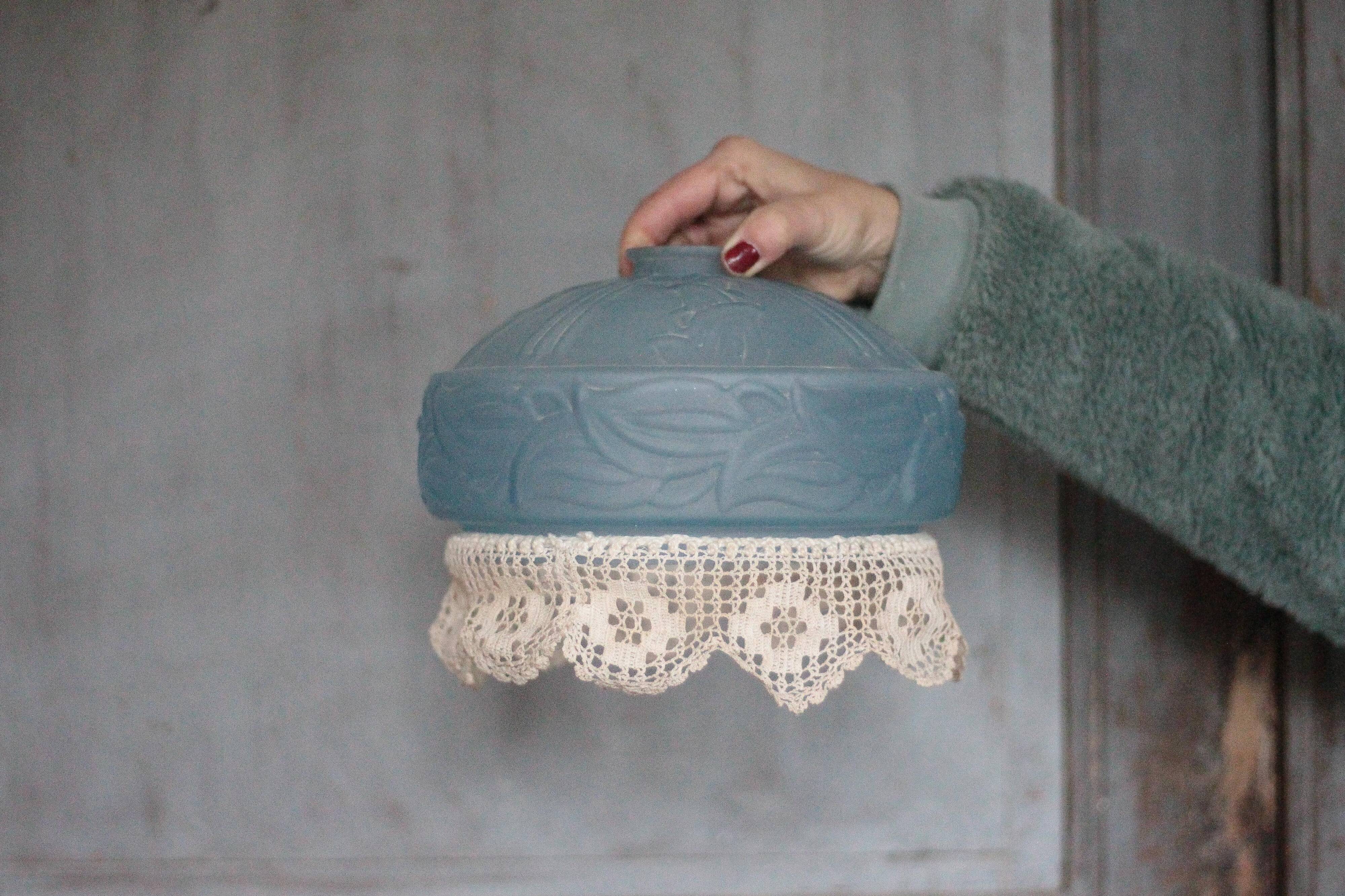 Blue glass lampshade, Art Deco pendant, vintage ceiling lamp.