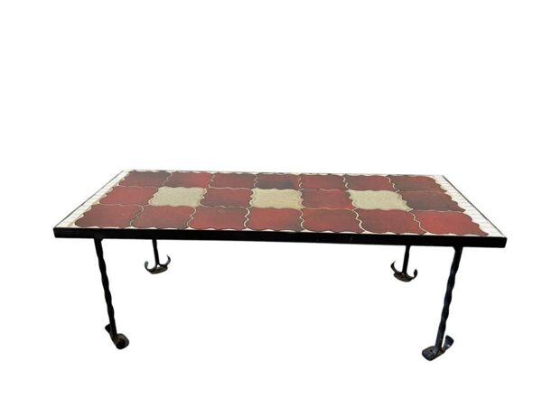 Table basse vintage rouge terracotta / table à carreaux / table basse