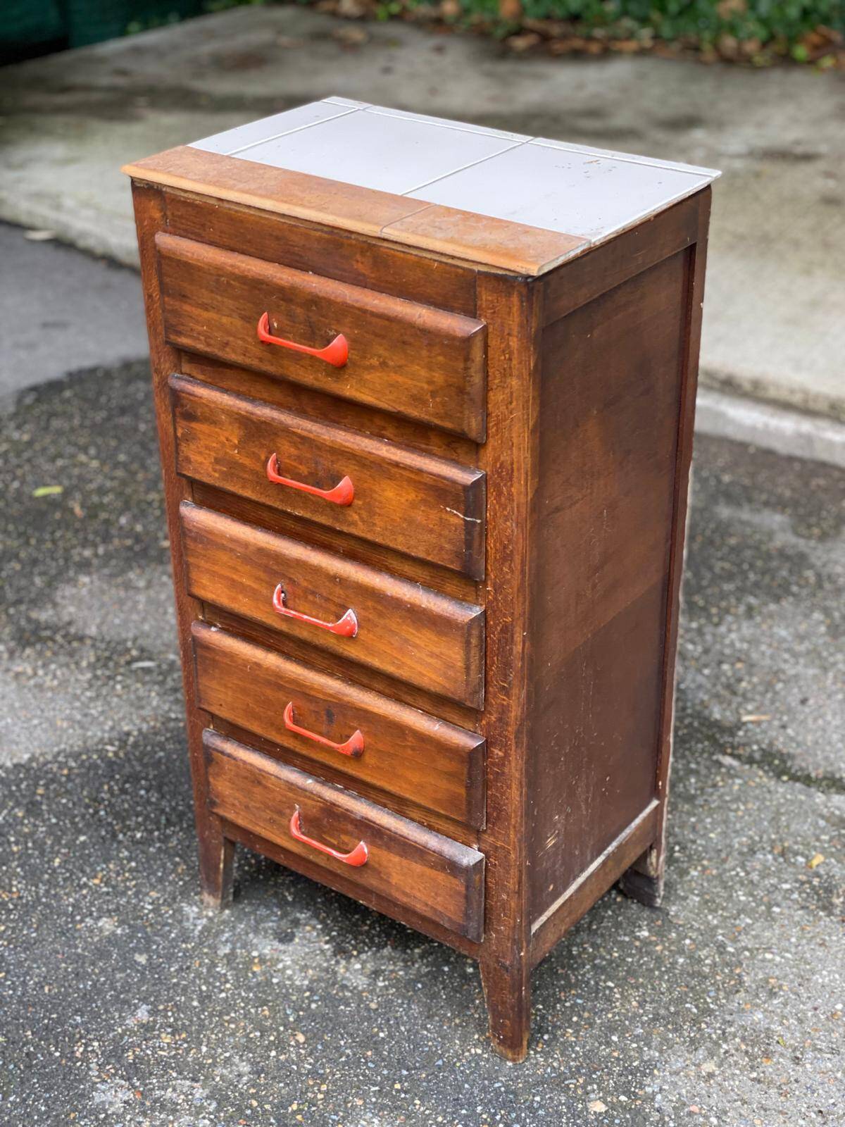 Art Deco chest of drawers in solid wood and tiles with 5 drawers, 1960s