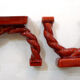 Pair of candlesticks twisted rope earthenware red 1950