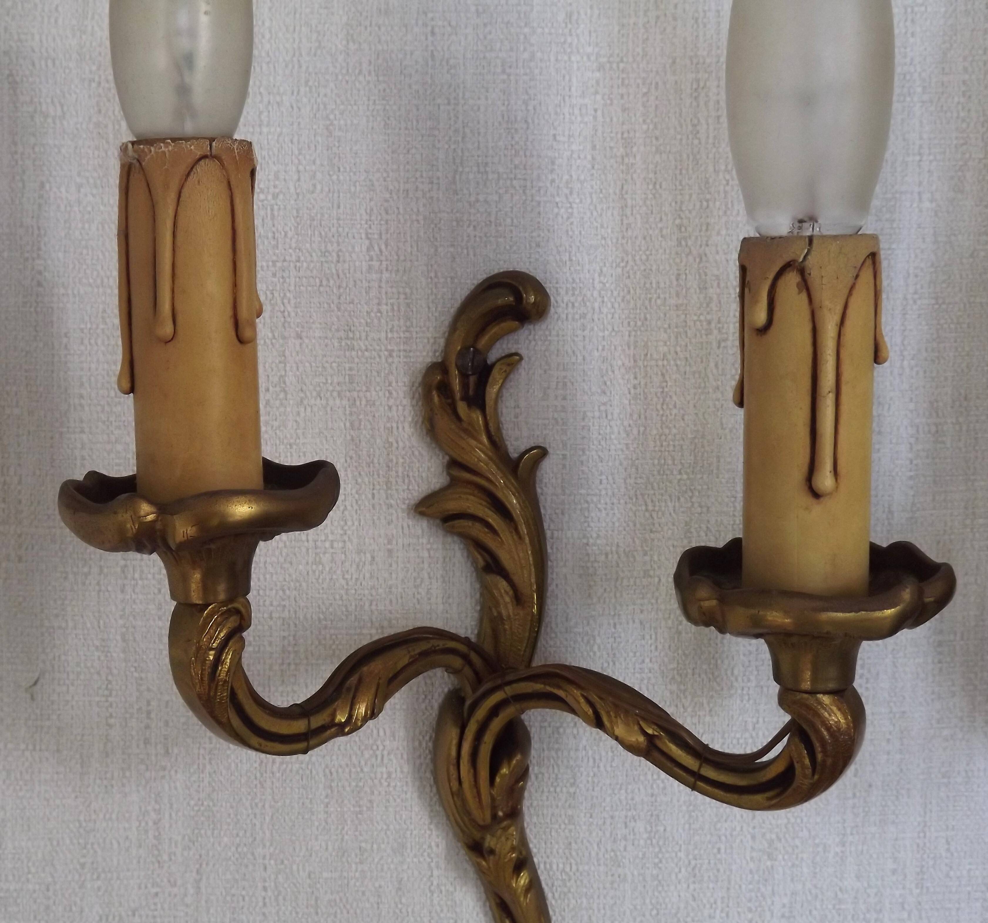 Vintage French Bronze Double Wall Sconces with Acanthus Leaf Detail 5706