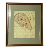 Lithograph, surrealist portrait, Jean Cocteau