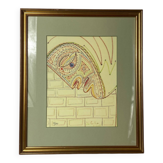 Lithograph, surrealist portrait, Jean Cocteau
