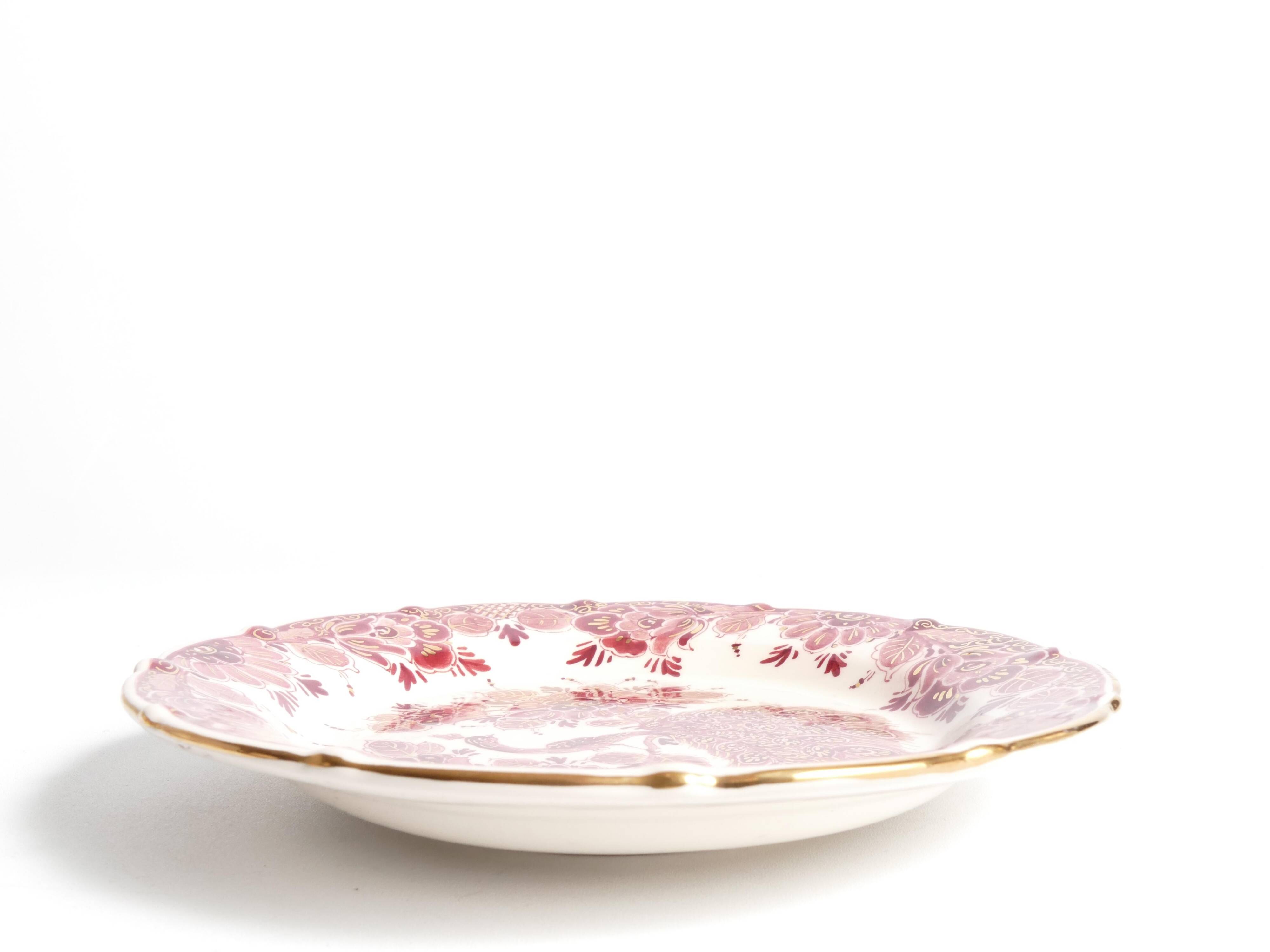 Regina Gouda Delft Hand-Painted Plate Red Peacock & Floral Motif Holland, 1950s