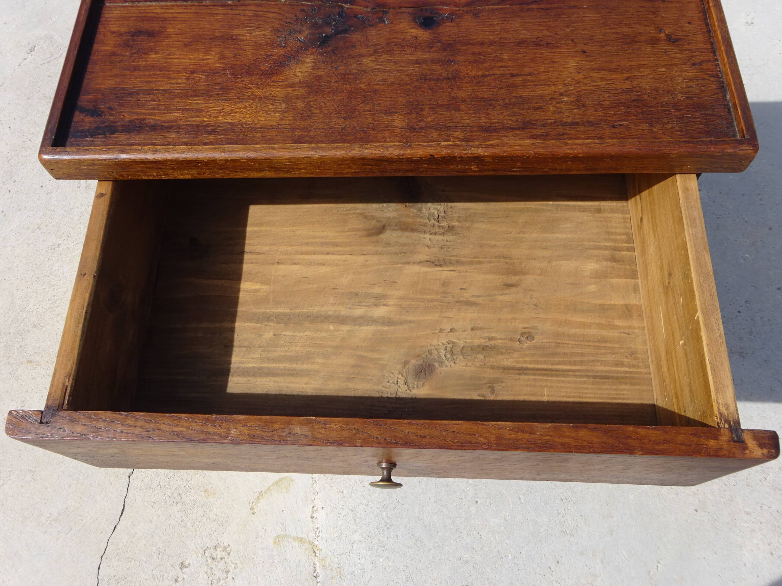 Bolster or end table with drawer, patina