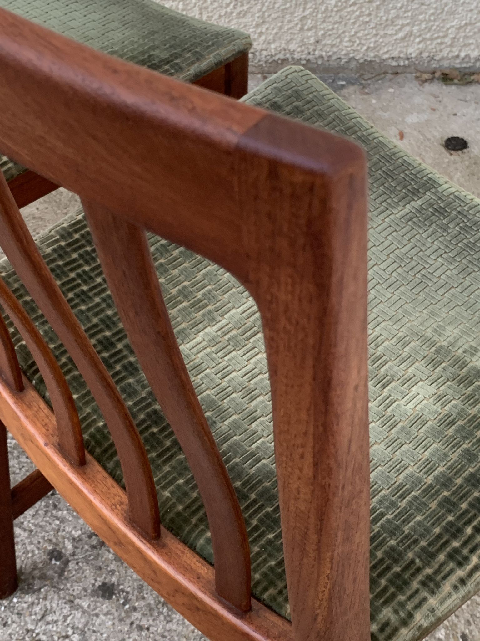 Pair of Scandinavian teak and velvet chairs from the 1960s.