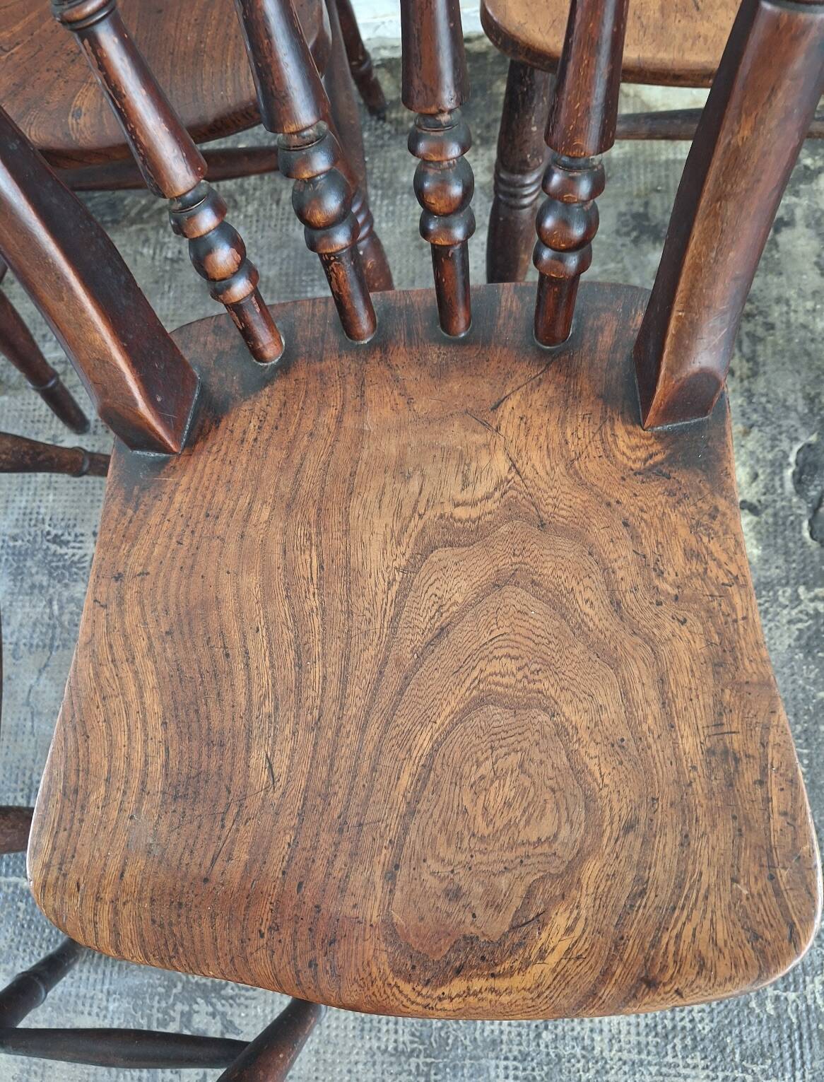 Antique set of 6 farmhouse patinated oak dining chairs, 19th century
