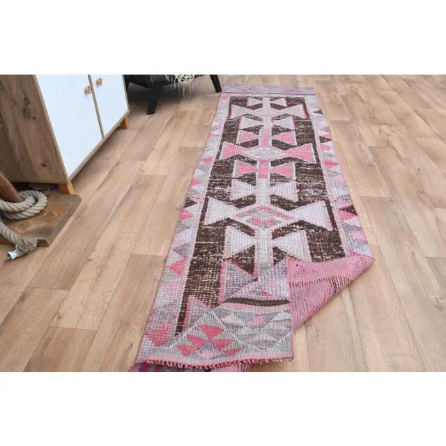 Vintage Turkish Oushak pink handmade wool runner rug 82x311