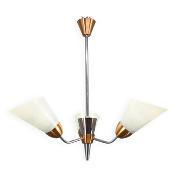 Mid-Century Pendant Light, Copper and Chrome, Czechoslovakia, 1970s