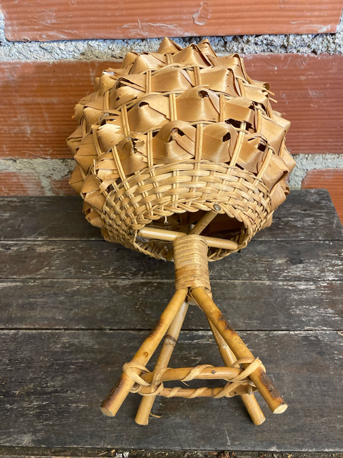 Vintage 50s Tiki Rattan Lamp + Woven Natural Fibre Ball