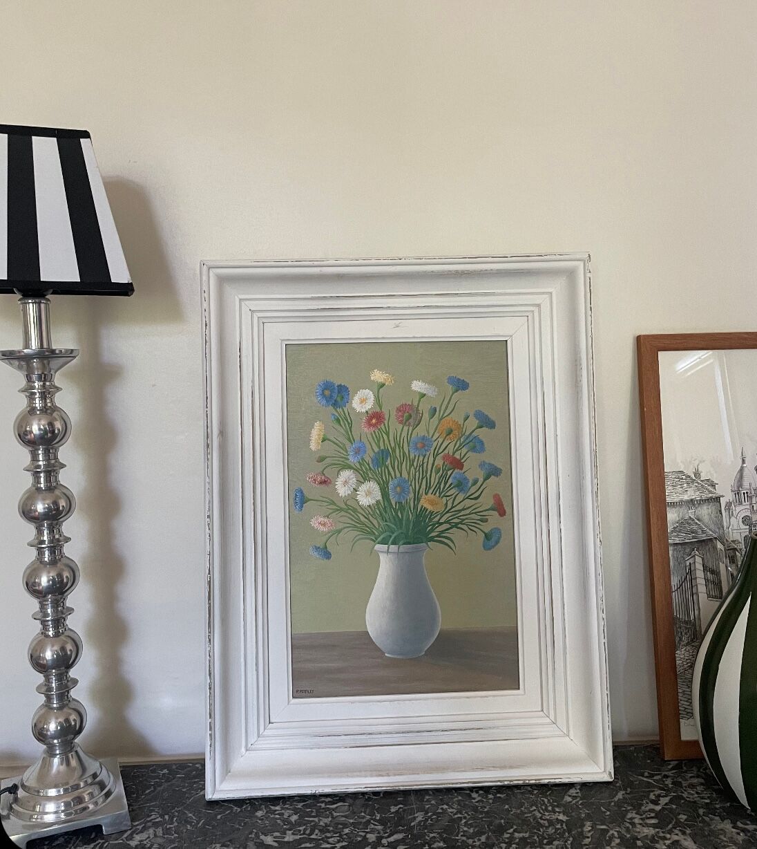 Tableau ancien bouquet de pâquerettes