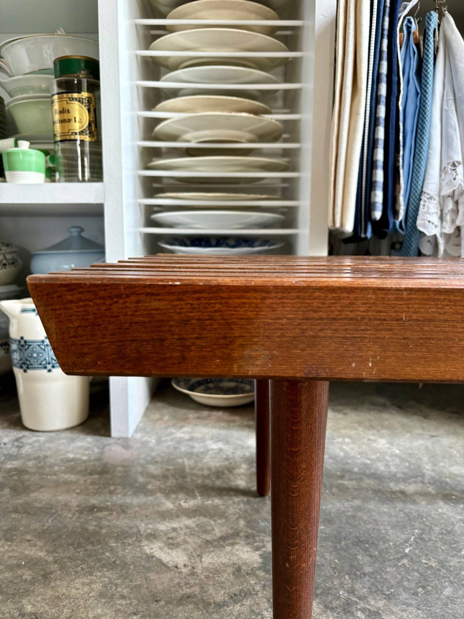Coffee table, bench in dark laminated wood