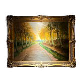 Hst paysage animé chemin en forêt encadrement signé vers 1900