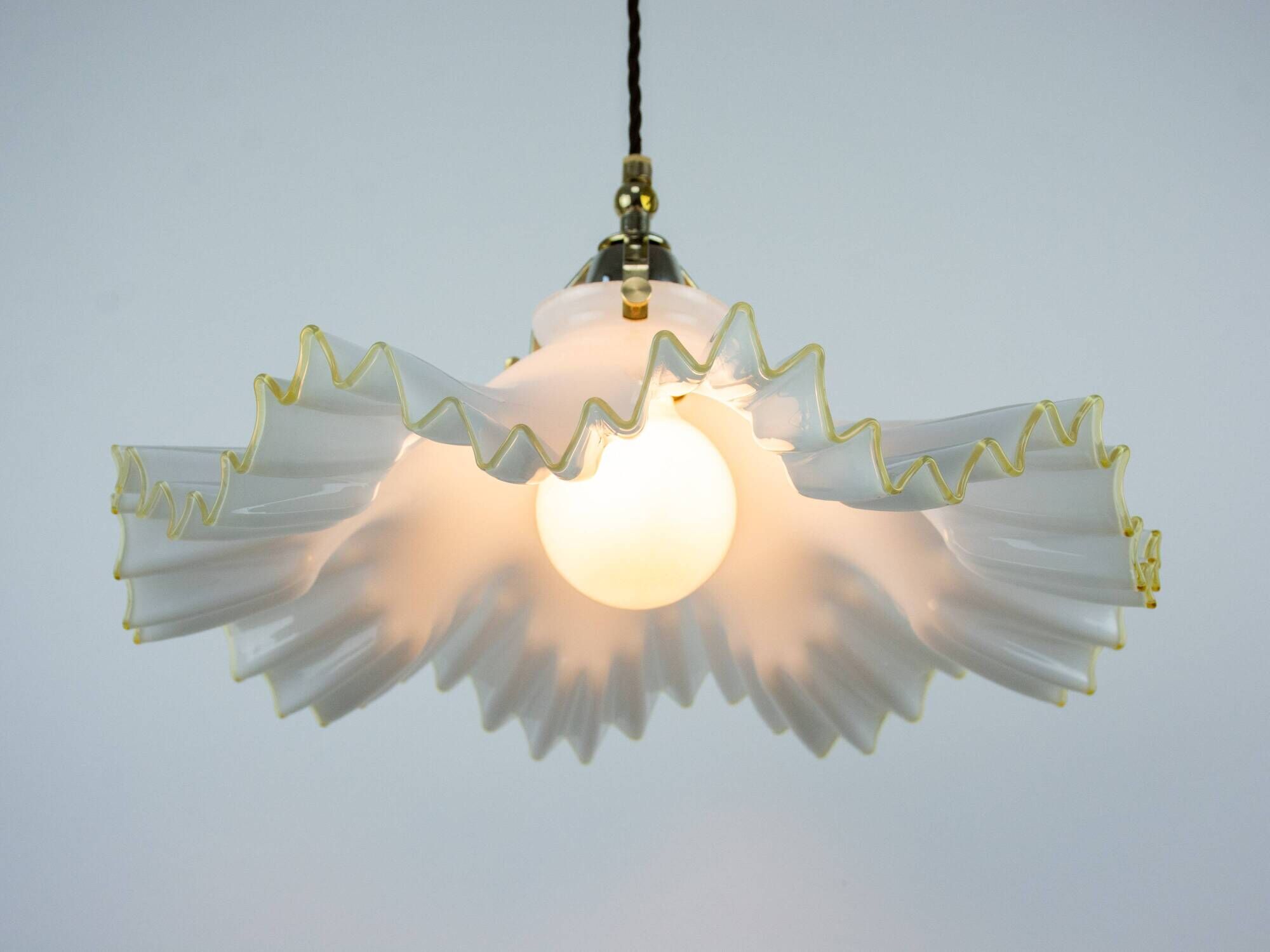Murano Style White Ruffled Italian Hanging Glass Lamp From The 1970s