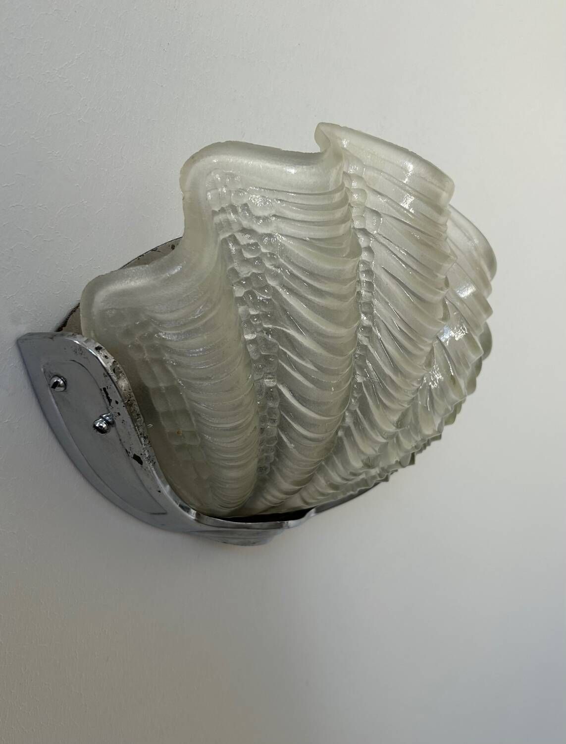 Vintage chrome and sandblasted glass shell wall lamp, France 1960
