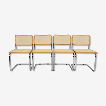 4 tubular frame and cane cantilever dining chairs by Marcel Breuer, italy, 1970s