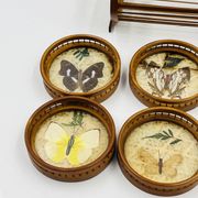 Vintage wooden coaster holder with 6 butterfly coasters.