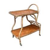 Desserte roulante en rotin bambou osier tressé avec porte bouteilles 1950