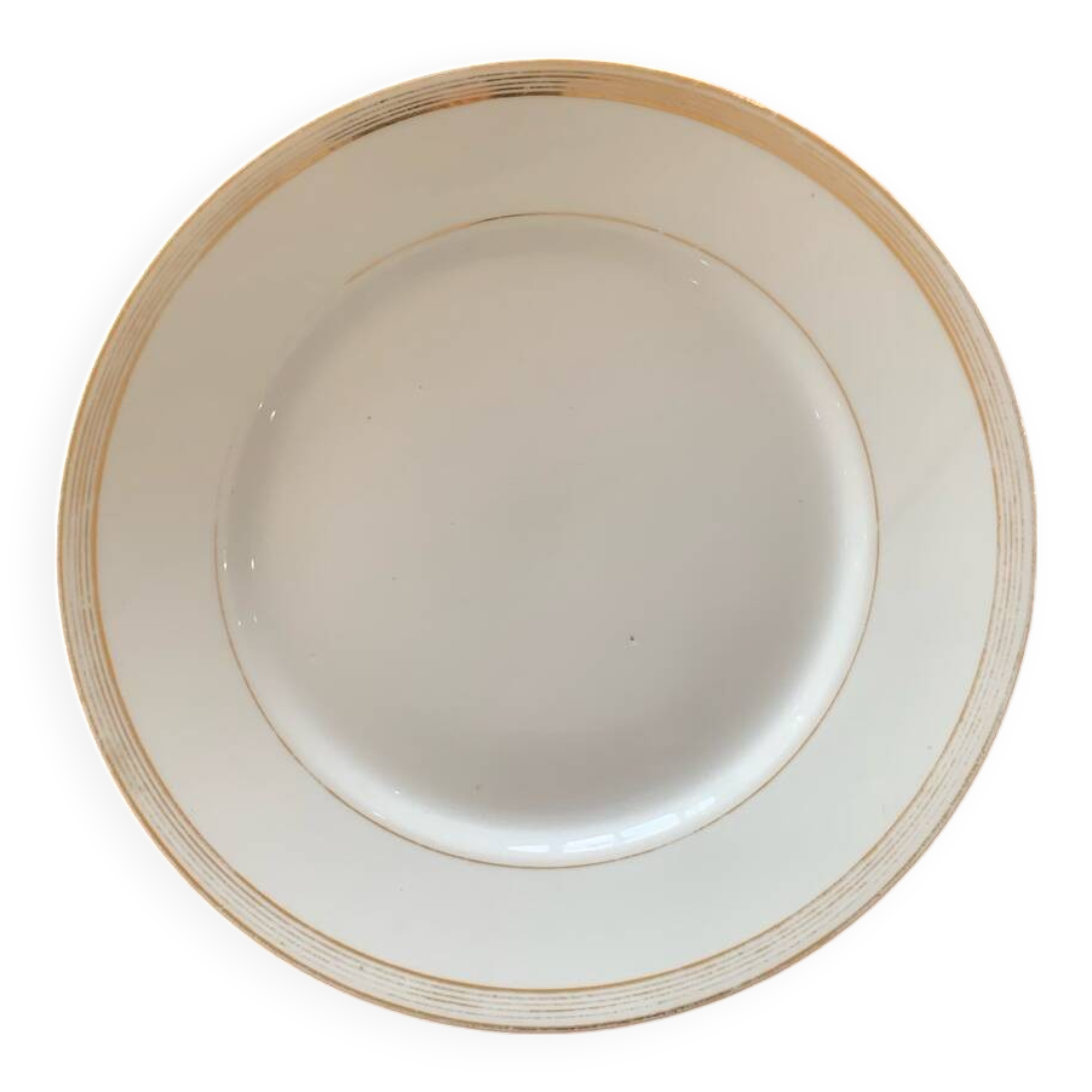 Lot of six flat plates, crockery, old white, gilded