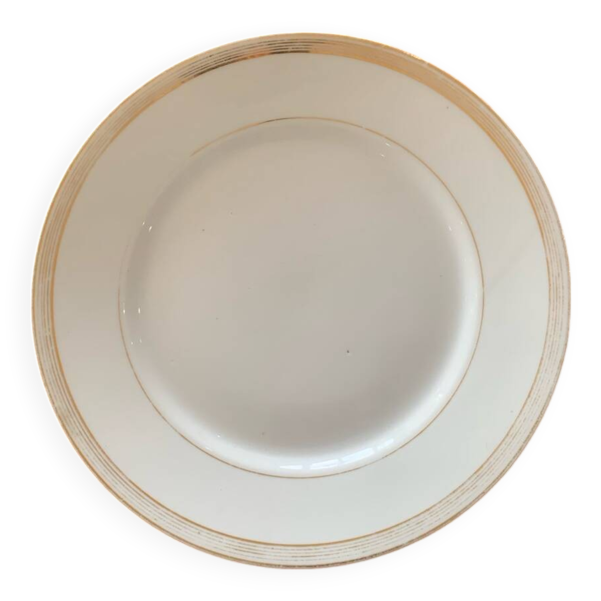 Lot of six flat plates, crockery, old white, gilded
