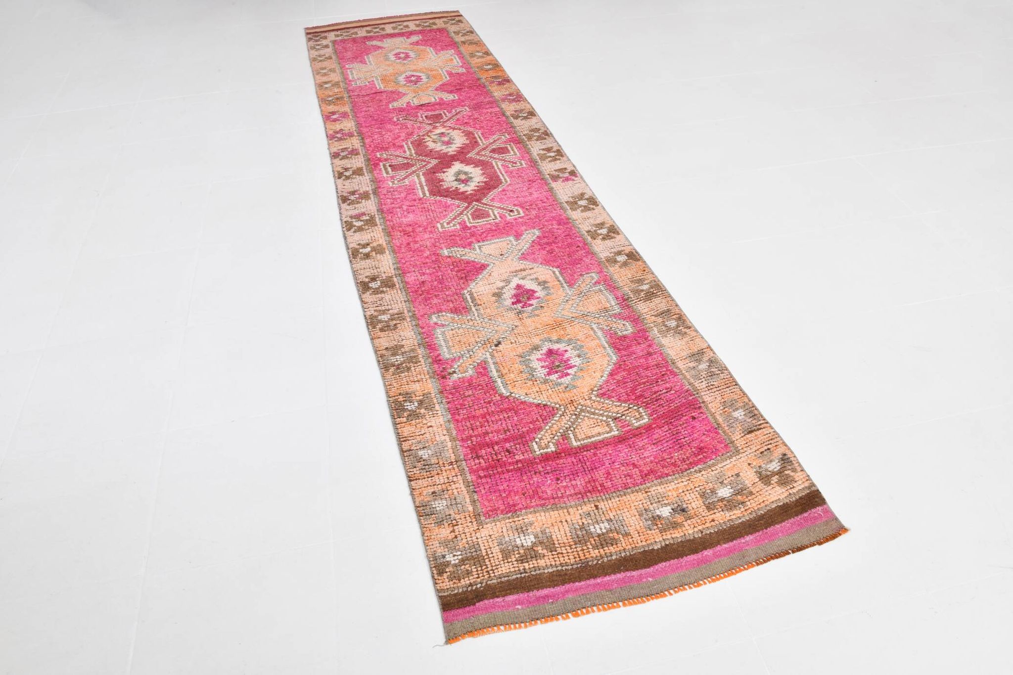 3x11 Vintage Pink & Brown Turkish Runner Rug, 87x339Cm