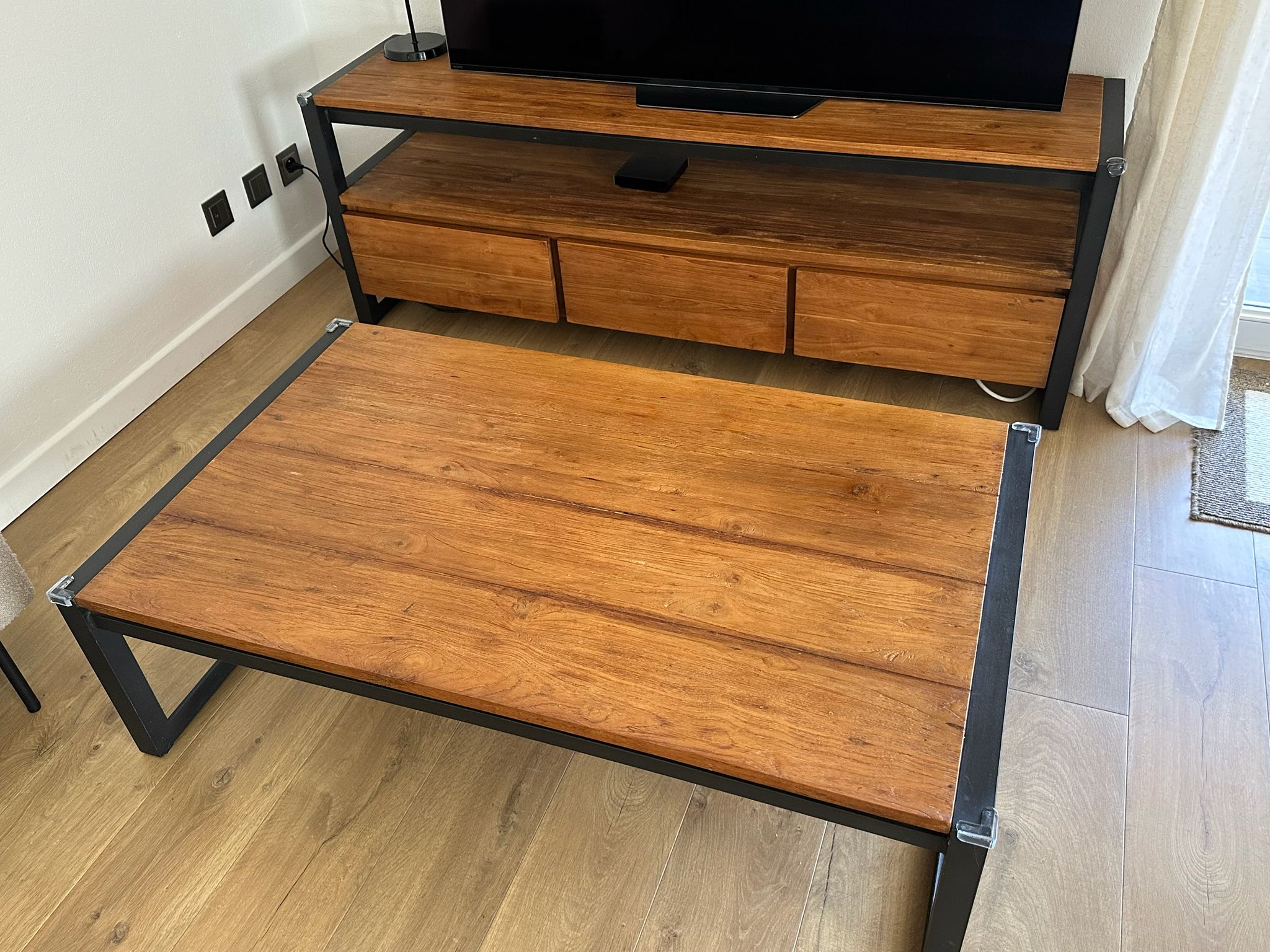 TV unit + coffee table in teak and metal