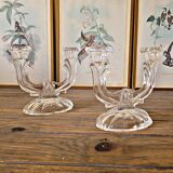 2 vintage two-armed glass candlesticks / candle holders for candles