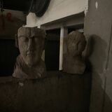 Pair of primitive carved wooden heads rustic folk art