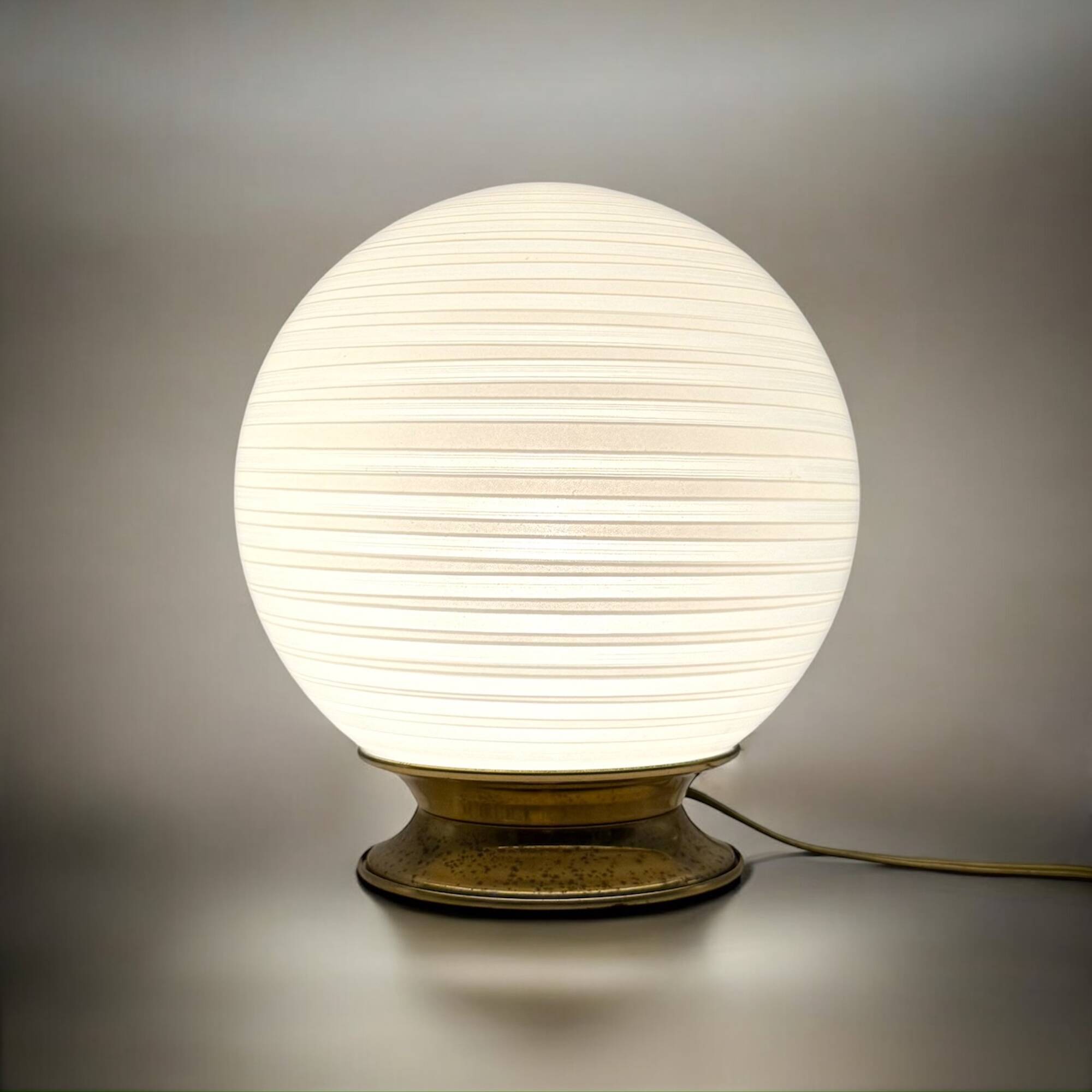 Vintage 70s Italian Table Lamp with Swirl Glass Globe and Brass Base