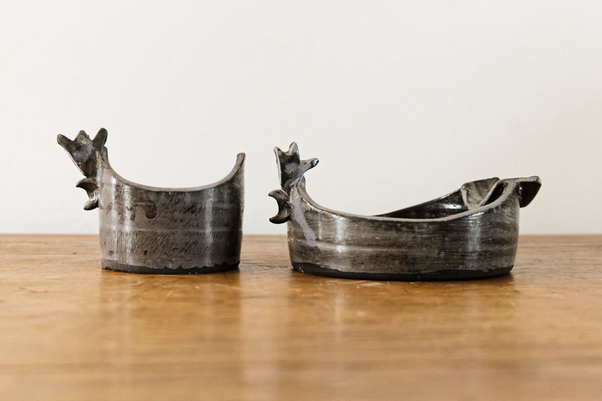 Duo of terracotta ramekins "hen" signed