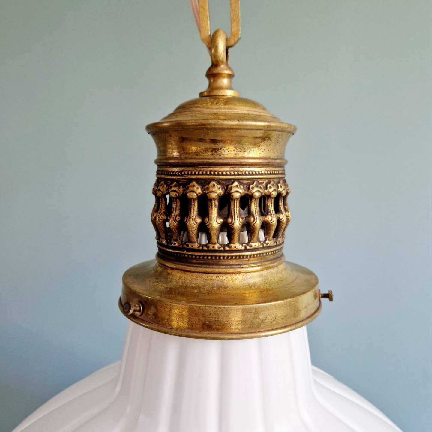 Large Art Deco pendant light in milk glass and brass, 1920s