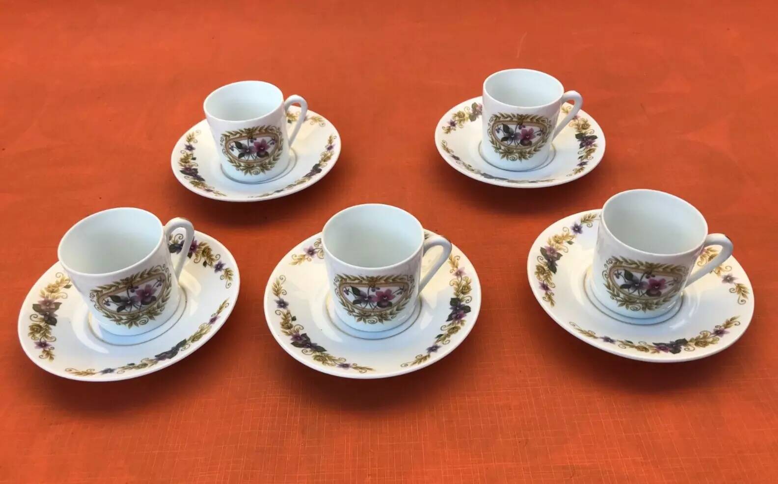 5 Limoges Porcelain Coffee Cups / Saucers BM French Porcelain