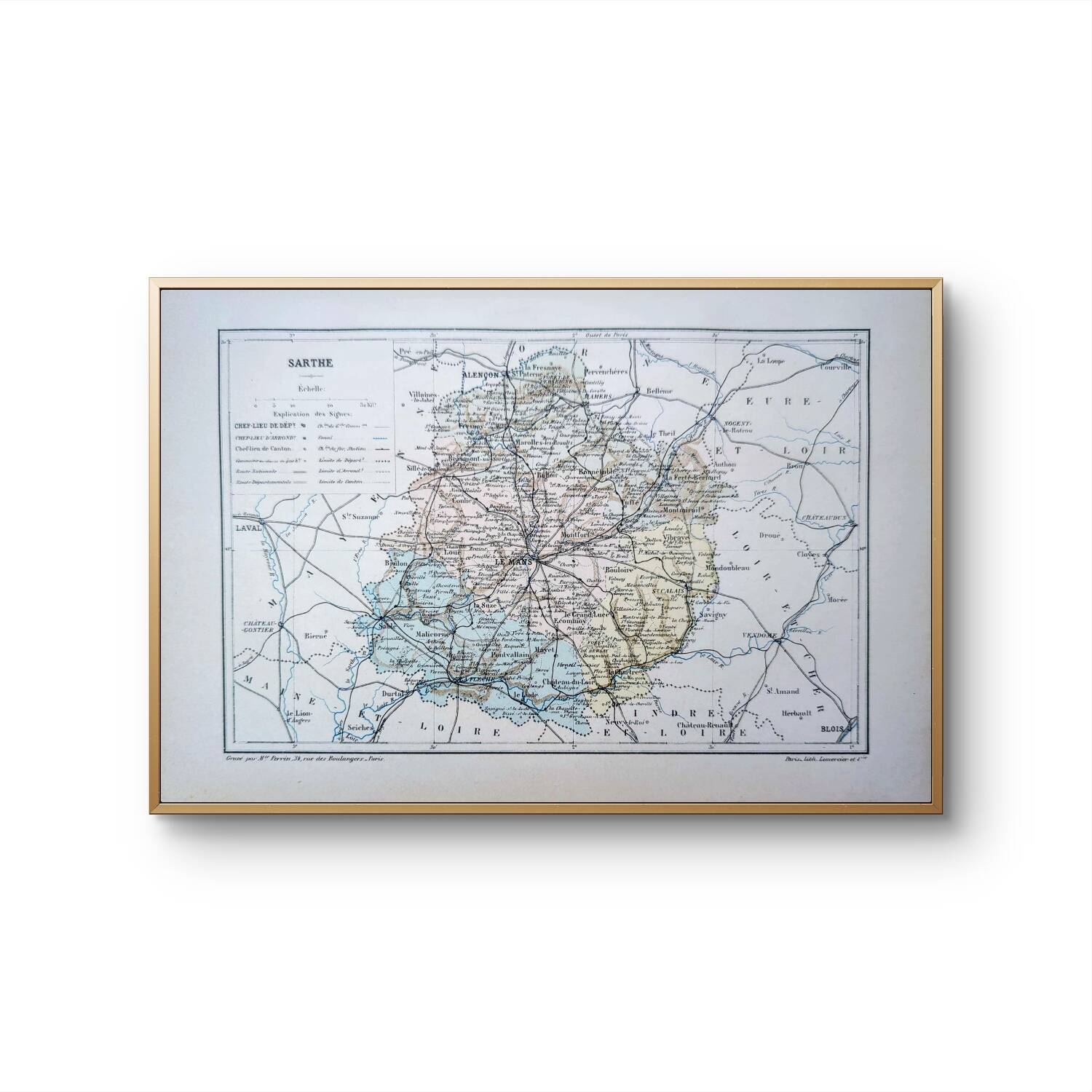 Printed in 1889, map of Sarthe. Authentic Vintage