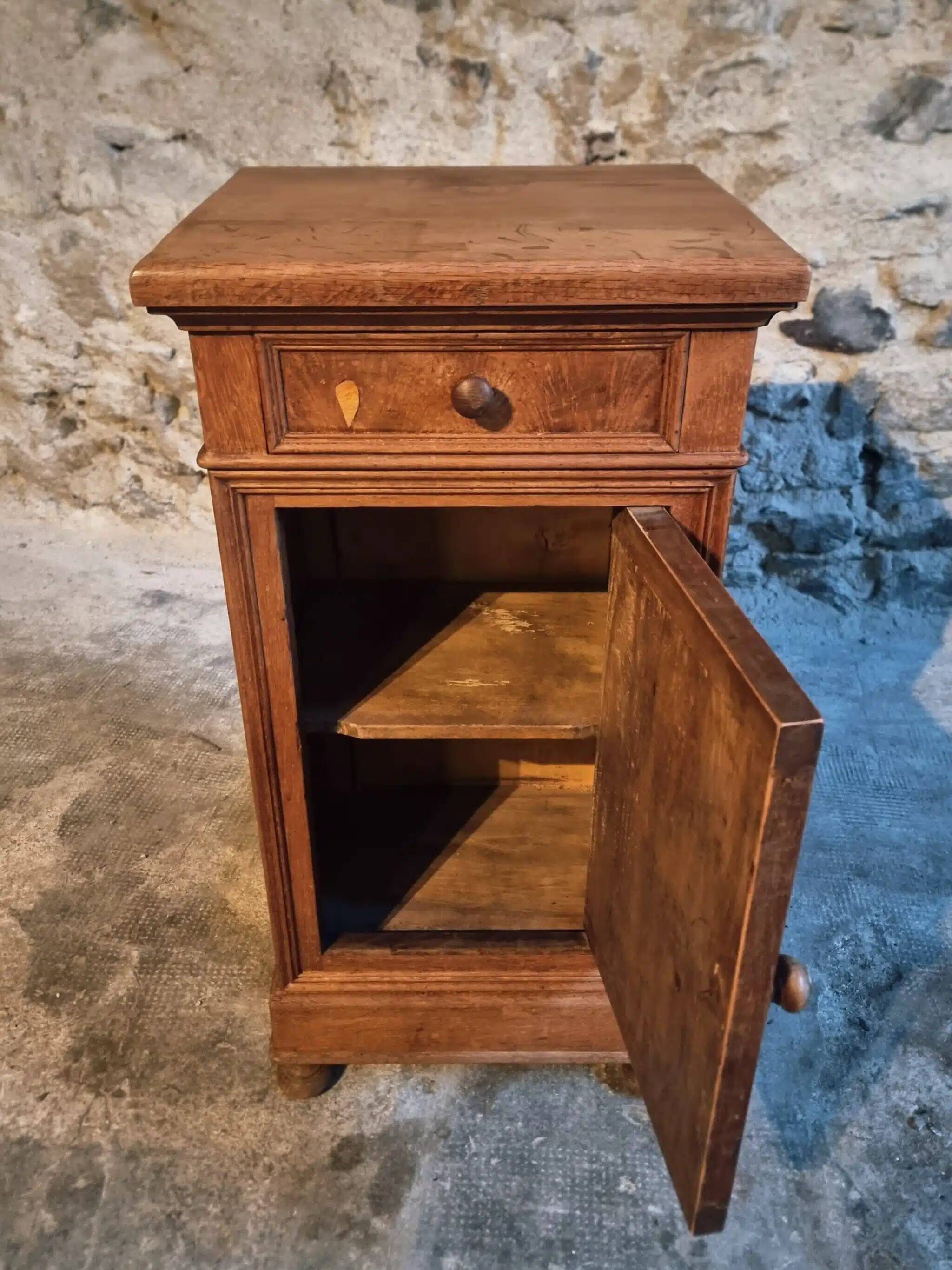 Antique French oak bedside table, early 20th century.