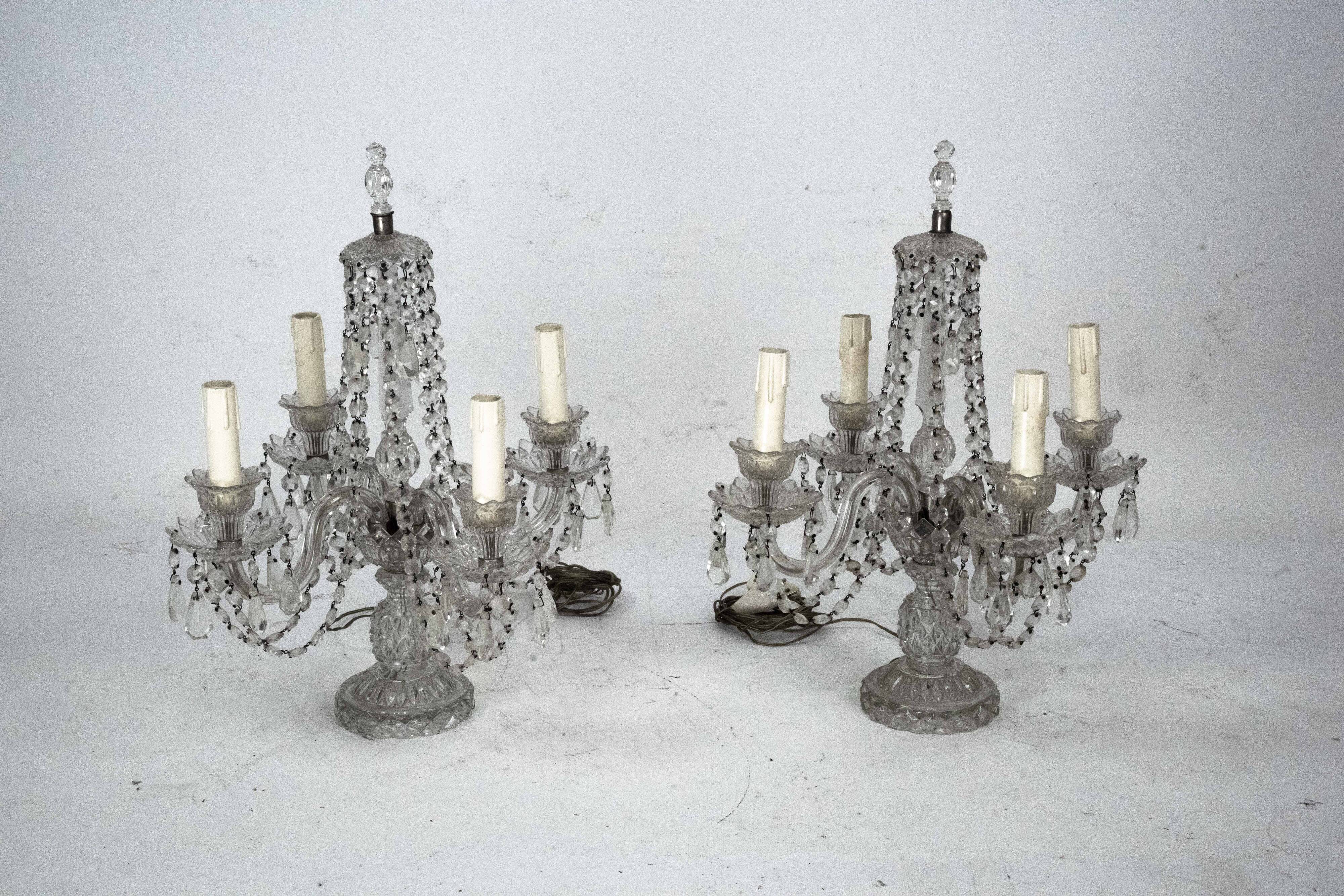 Lampes de table en cristal Maria Theresa avec candélabres. Ensemble de deux. Italie, années 1940.