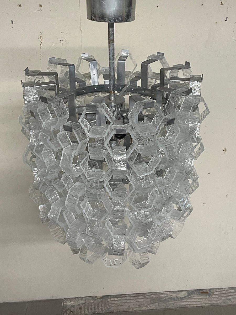 Hexagonal glass Cascade chandelier attributed to Av Mazzega, 1970s.